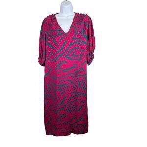Flora Kung Vintage Silk Dress Size 8 Pink Teal Abstract Print 80s Midi